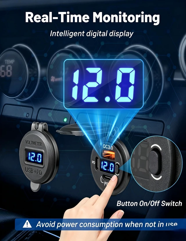Alt view image 7 of 7 - 2Pack 78W 3 Port 12V USB Power Outlet, Type C +USB A Car Charger | Type C & QC 3.0 Fast Charging, 12 Volt Socket with LED Voltmeter, Waterproof for Car Boat Marine RV Motorcycle