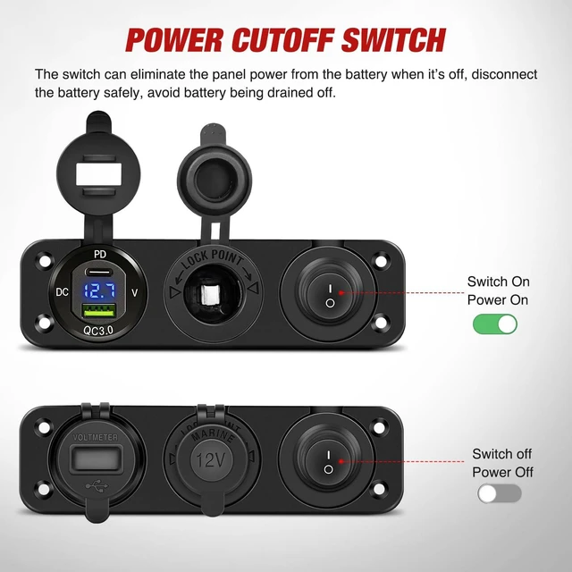 Alt view image 5 of 7 - 4 in 1 Charger Socket Panel Power Cutoff Switch | PD Type C and QC 3.0 USB, LED Voltmeter Display, Cigarette Lighter Power Socket, Toggle Switch for Cars Trucks RV UTV ATV