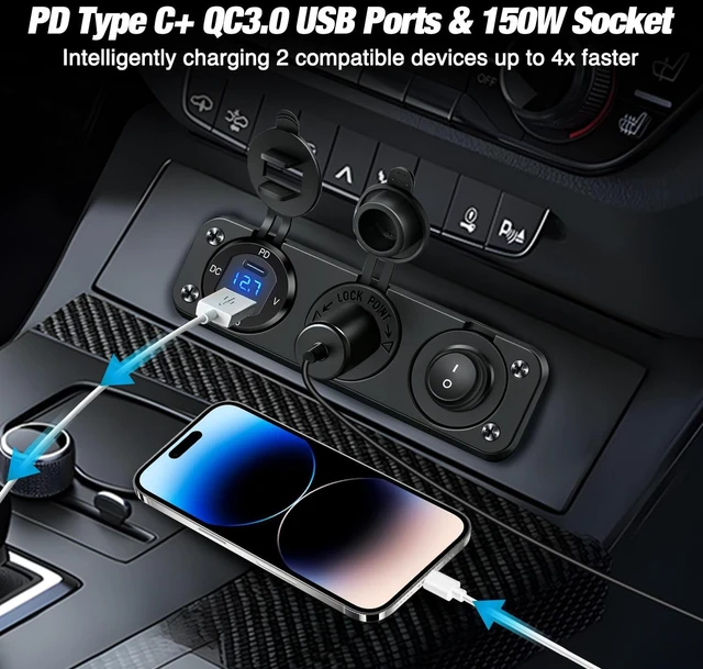 Alt view image 6 of 7 - 4 in 1 Charger Socket Panel Power Cutoff Switch | PD Type C and QC 3.0 USB, LED Voltmeter Display, Cigarette Lighter Power Socket, Toggle Switch for Cars Trucks RV UTV ATV
