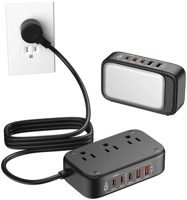 Main image of 7-in-1 Power Strip, PD GaN 65W USB C Power Strip with 3 USB-C, 2 USB-A Ports and 2500W AC Outlet, Flat Plug Essentials for Home/Office/College/Travel (Pearl Black, 65W)