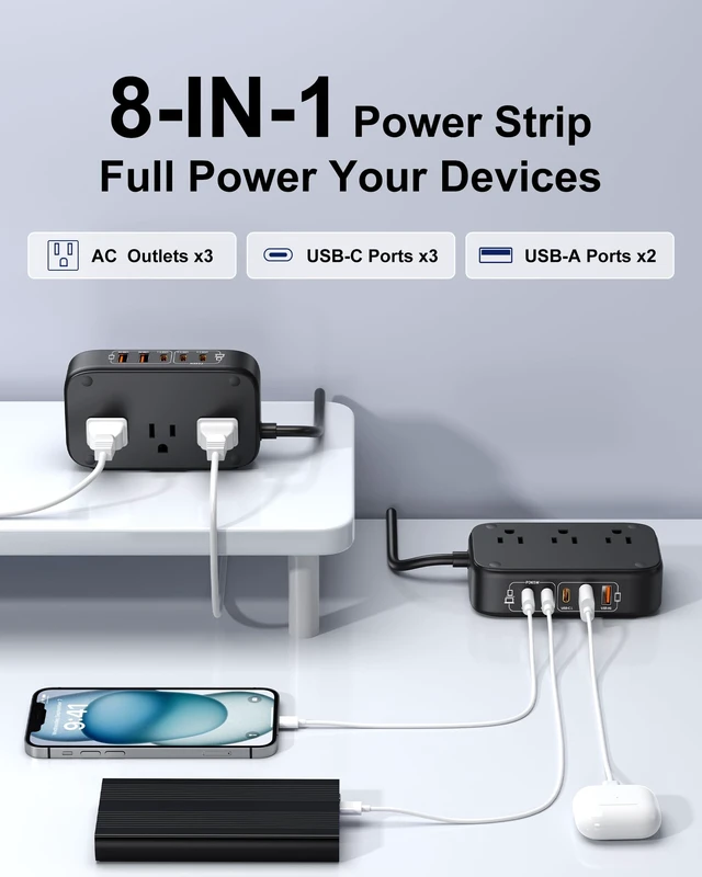 Alt view image 3 of 7 - 7-in-1 Power Strip, PD GaN 65W USB C Power Strip with 3 USB-C, 2 USB-A Ports and 2500W AC Outlet, Flat Plug Essentials for Home/Office/College/Travel (Pearl Black, 65W)