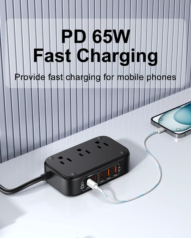 Alt view image 4 of 7 - 7-in-1 Power Strip, PD GaN 65W USB C Power Strip with 3 USB-C, 2 USB-A Ports and 2500W AC Outlet, Flat Plug Essentials for Home/Office/College/Travel (Pearl Black, 65W)