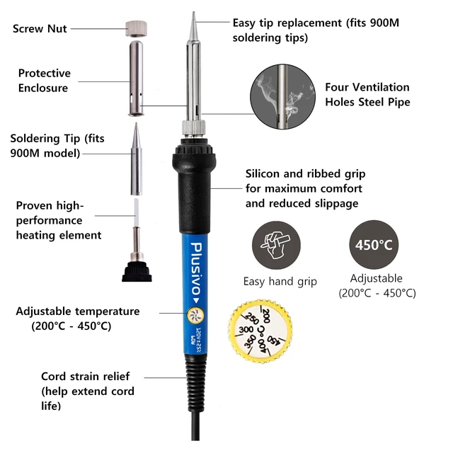 Alt view image 2 of 7 - Soldering Iron Kit, 60W Adjustable Temperature 5-in-1 Solder Wire, Stand, Sponge, Rosin Paste Flux, Fast Heating Desoldering Tool for Electronics Repair Hobby DIY 120 V US Plug