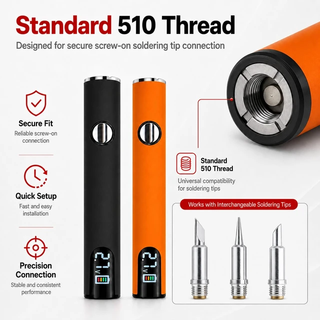 Alt view image 2 of 7 - 2Pcs Portable Cordless Soldering Iron Pen, 510 Threaded Soldering Tools with LED Display,3-Level Temperature Control 200450°C,650mAh Solder Iron for Electronics Repair, DIY(Black & Orange)