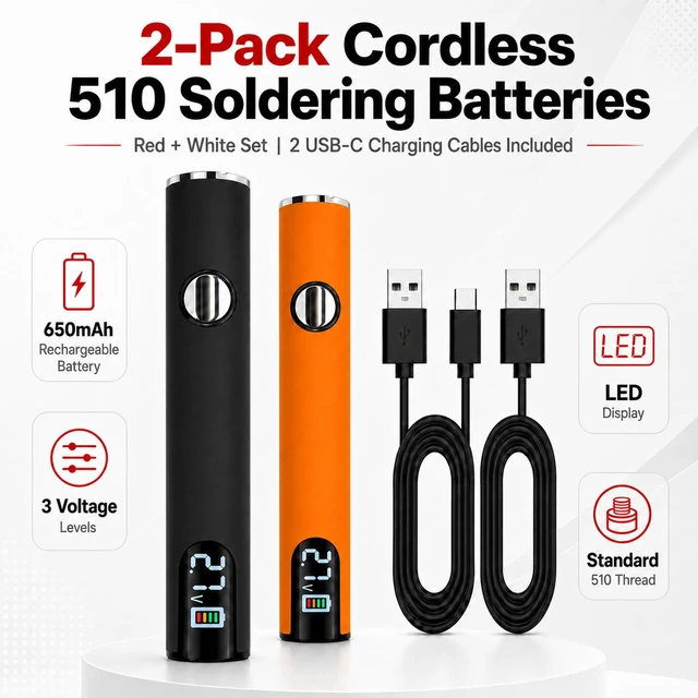 Alt view image 3 of 7 - 2Pcs Portable Cordless Soldering Iron Pen, 510 Threaded Soldering Tools with LED Display,3-Level Temperature Control 200450°C,650mAh Solder Iron for Electronics Repair, DIY(Black & Orange)