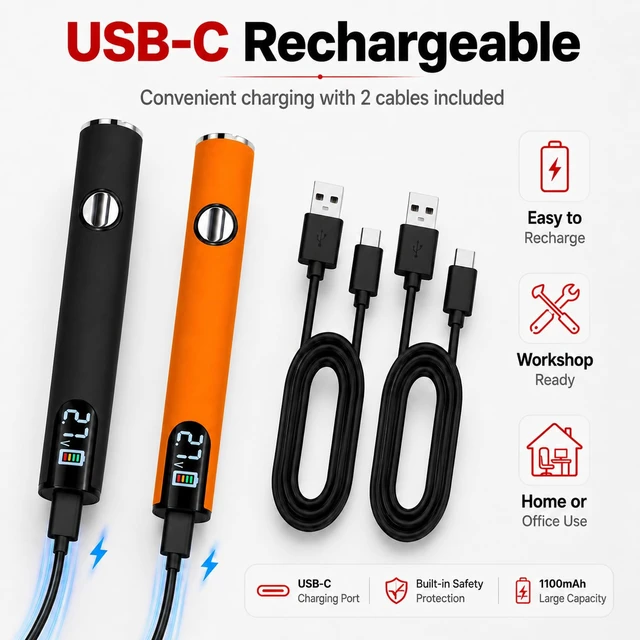 Alt view image 5 of 7 - 2Pcs Portable Cordless Soldering Iron Pen, 510 Threaded Soldering Tools with LED Display,3-Level Temperature Control 200450°C,650mAh Solder Iron for Electronics Repair, DIY(Black & Orange)
