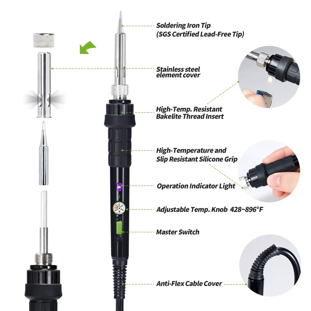 Alt view image 3 of 7 - 947-III 60W Soldering Iron Kit Adjustable Temperature with Sticky Holder, Tip Cleaner, Cleaning Sponge Power Switch, Operation Indicator, Portable Soldering Kit