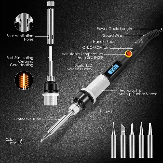 Alt view image 4 of 7 - Soldering Iron Kit, 80W LCD Digital Soldering Gun with Adjustable Temperature Controlled, ON-Off Switch, 5pcs Soldering Tips, Solder Wire Tube, Desoldering Pump, 14pcs Welding Tool