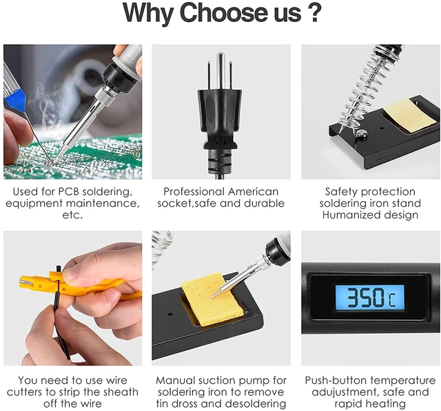 Alt view image 6 of 7 - Soldering Iron Kit, 80W LCD Digital Soldering Gun with Adjustable Temperature Controlled, ON-Off Switch, 5pcs Soldering Tips, Solder Wire Tube, Desoldering Pump, 14pcs Welding Tool