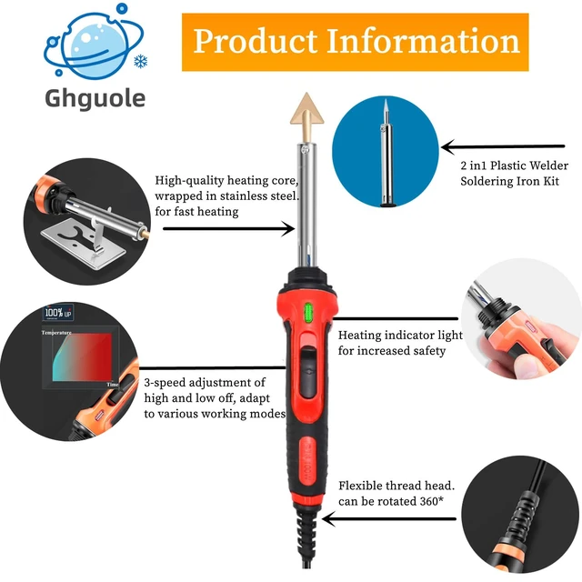 Alt view image 3 of 7 - 100W Plastic Welder, 2-in-1 Plastic Welding Kit with Soldering Iron Tips & 56Pcs Rods, 3-Speed Temperature Control Soldering Iron Gun, Professional Surface Repair Tool for Car Bumper,Dashboard, Kayak