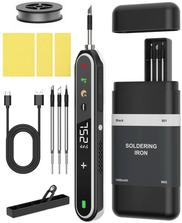 Main image of Cordless Soldering Iron Kit, 7S Fast Heating, Type-C Charging, Adjustable Temp 180~450, 1400mAh Portable Wireless Soldering Pen Includes 3 Tips & Lead-Free Solder Wire-Black