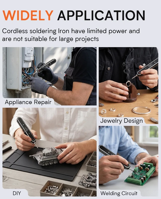 Alt view image 7 of 7 - Cordless Soldering Iron Kit, 7S Fast Heating, Type-C Charging, Adjustable Temp 180~450, 1400mAh Portable Wireless Soldering Pen Includes 3 Tips & Lead-Free Solder Wire-Black