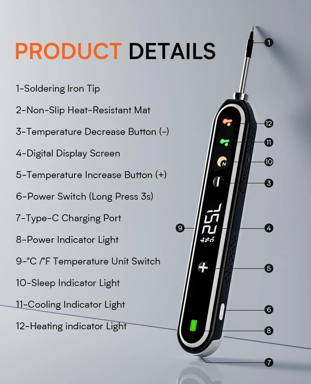 Alt view image 5 of 7 - Cordless Soldering Iron Kit, 7S Fast Heating, Type-C Charging, Adjustable Temp 180~450, 1400mAh Portable Wireless Soldering Pen Includes 3 Tips & Lead-Free Solder Wire-Black