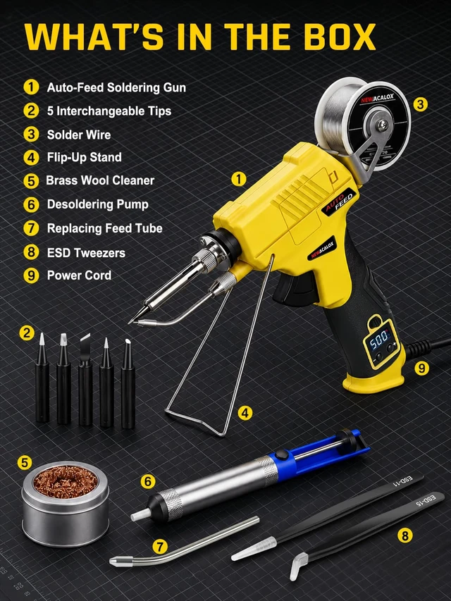 Alt view image 7 of 7 - Soldering Iron Kit 60W Auto Feed with LCD Tem Control, 5 Tips | Soldering gun Keeps One Hand Free, 180500°C, Desoldering Pump and Tip Cleaner for Circuit Board, DIY, Electronic Repair