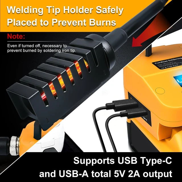 Alt view image 6 of 7 - Cordless Soldering Iron Station Tool for Dewalt 20V Max Battery,PortableElectric Fast Heating Up Soldering Iron with USB&Type C for Dewalt DCB203 for DIY,Appliance Repair,Wire Welding(NO Battery)