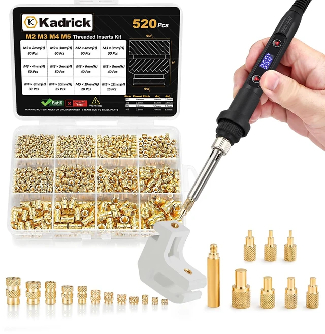 Main image of 80W Soldering Iron Heat Insert Tool with M2-M5 Heat Set Inserts | 520Pcs Brass Heat set inserts,With Insert Tips,Professional Set For 3D Printing
