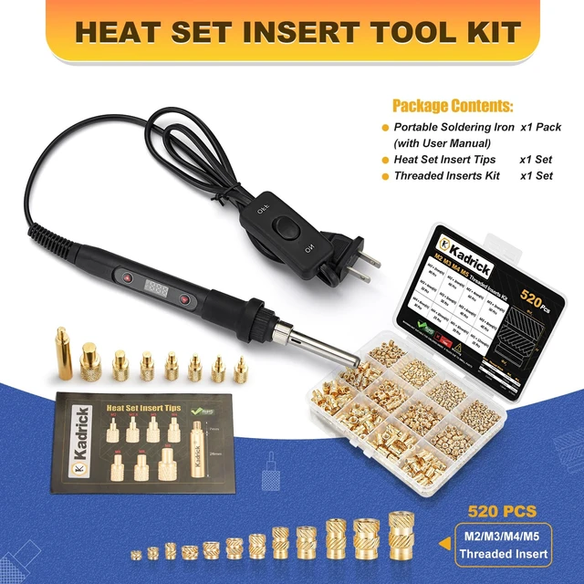 Alt view image 5 of 7 - 80W Soldering Iron Heat Insert Tool with M2-M5 Heat Set Inserts | 520Pcs Brass Heat set inserts,With Insert Tips,Professional Set For 3D Printing