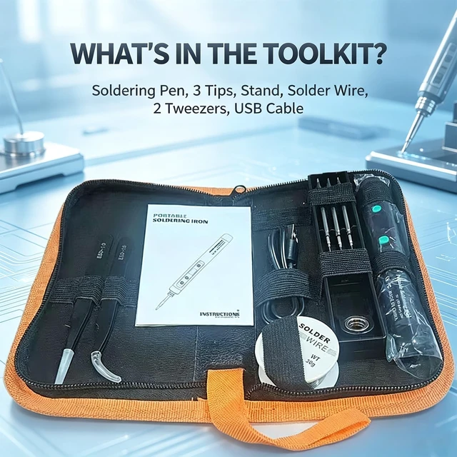 Alt view image 2 of 7 - Cordless Soldering Iron Pen Kit,10 in 1 USB,1100mAh Battery, for Repair | 90-min fast charge for 30-min use,LED light for dark spots,With 3 tips, stand, solder wire, 2 tweezers & toolkit bag