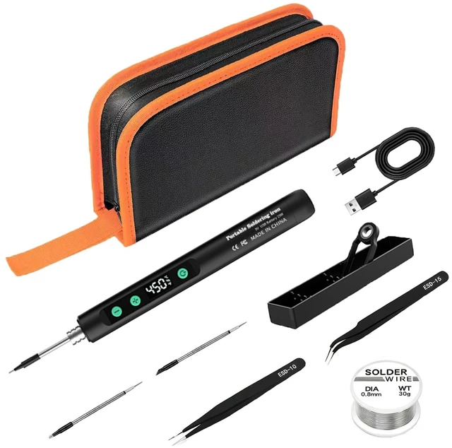Main image of Cordless Soldering Iron Pen Kit,10 in 1 USB,1100mAh Battery, for Repair | 90-min fast charge for 30-min use,LED light for dark spots,With 3 tips, stand, solder wire, 2 tweezers & toolkit bag