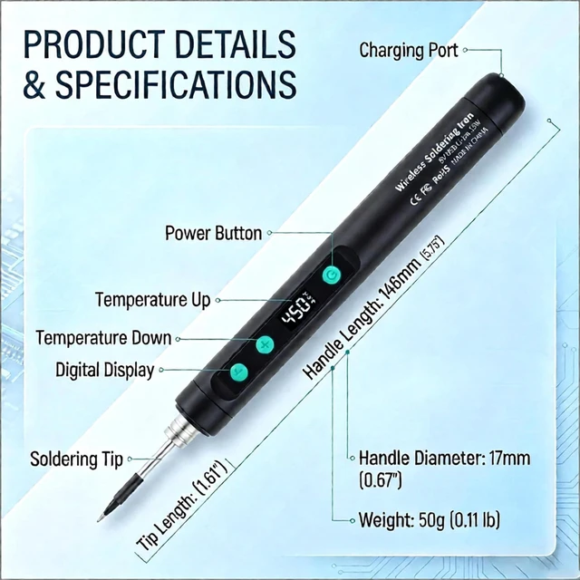 Alt view image 3 of 7 - Cordless Soldering Iron Pen Kit,10 in 1 USB,1100mAh Battery, for Repair | 90-min fast charge for 30-min use,LED light for dark spots,With 3 tips, stand, solder wire, 2 tweezers & toolkit bag