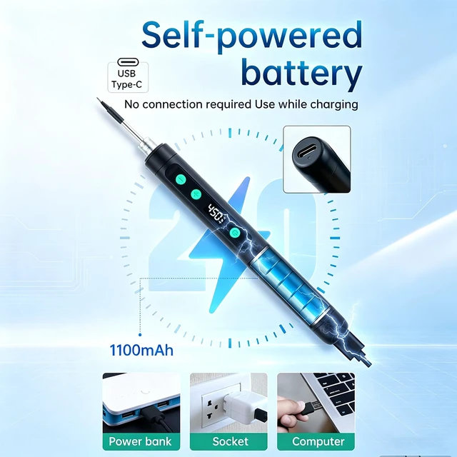 Alt view image 7 of 7 - Cordless Soldering Iron Pen Kit,10 in 1 USB,1100mAh Battery, for Repair | 90-min fast charge for 30-min use,LED light for dark spots,With 3 tips, stand, solder wire, 2 tweezers & toolkit bag