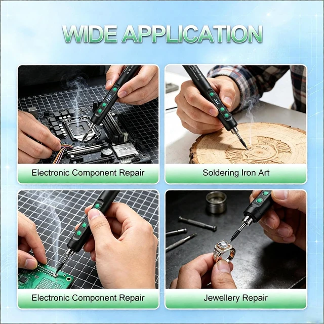 Alt view image 6 of 7 - Cordless Soldering Iron Pen Kit,10 in 1 USB,1100mAh Battery, for Repair | 90-min fast charge for 30-min use,LED light for dark spots,With 3 tips, stand, solder wire, 2 tweezers & toolkit bag