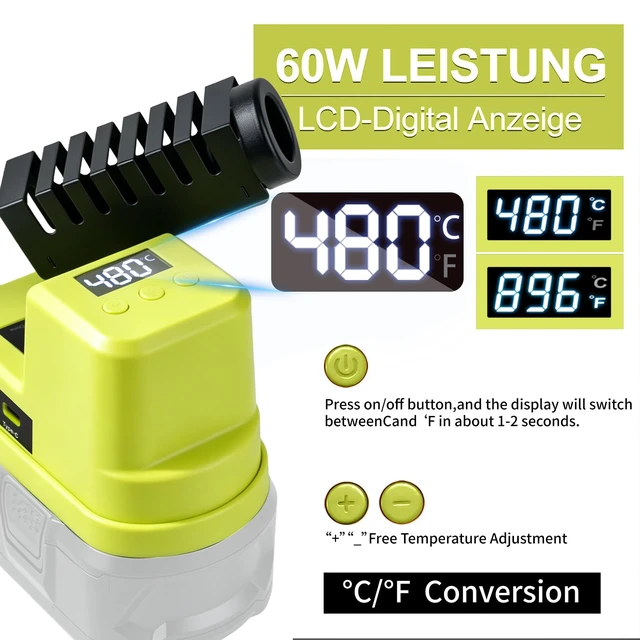Alt view image 5 of 7 - Cordless Soldering Iron for Ryobi 18V Battery,60W Portable Electric Soldering Station With USB &Type C, Adjustable Solder Iron Kit Tool for DIY,Appliance Repair,Wire Welding(NO Battery)