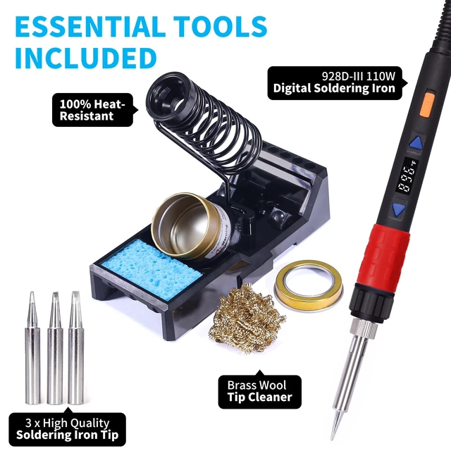 Alt view image 2 of 7 - 928D-III Soldering Iron,110W High Power, Fully Digital Display °F /°C- Temperature Control Soldering Tool, Accurate 194~896°F, with ON/OFF Switch, Iron Tip, Brass Wool, Automatic Sleep Mode