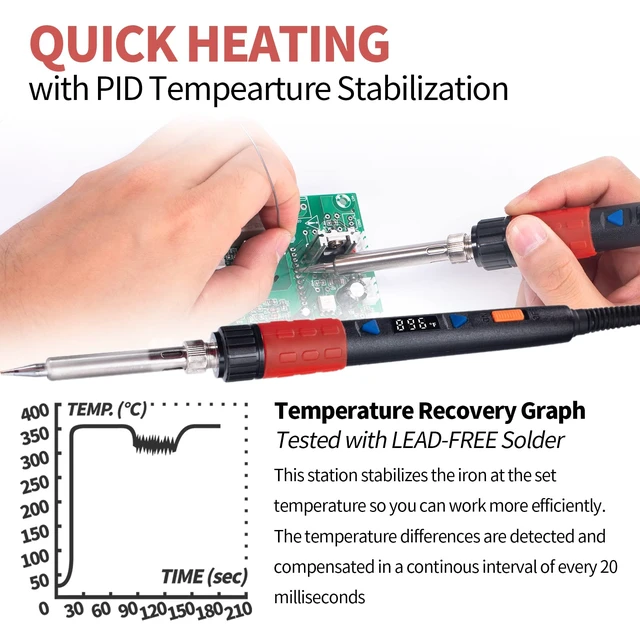 Alt view image 3 of 7 - 928D-III Soldering Iron,110W High Power, Fully Digital Display °F /°C- Temperature Control Soldering Tool, Accurate 194~896°F, with ON/OFF Switch, Iron Tip, Brass Wool, Automatic Sleep Mode