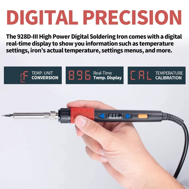 Alt view image 5 of 7 - 928D-III Soldering Iron,110W High Power, Fully Digital Display °F /°C- Temperature Control Soldering Tool, Accurate 194~896°F, with ON/OFF Switch, Iron Tip, Brass Wool, Automatic Sleep Mode