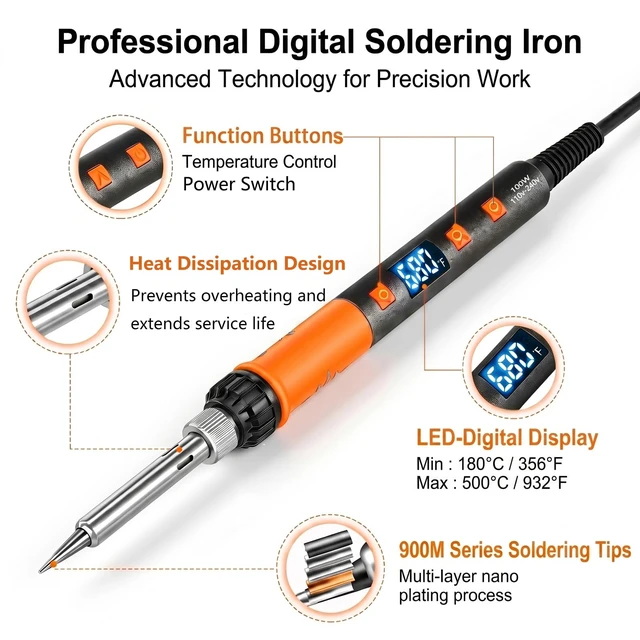 Alt view image 2 of 6 - 100W Soldering Iron Kit, Heavy-Duty Non-Slip Stand, 180-500°C, Auto Sleep | Helping Hands Magnifier, Fast Heating, Adjustable Temperature, LED Display, Lead-Free Solder Wire