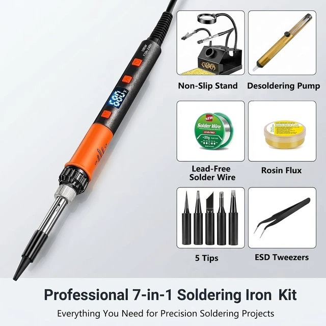 Alt view image 5 of 6 - 100W Soldering Iron Kit, Heavy-Duty Non-Slip Stand, 180-500°C, Auto Sleep | Helping Hands Magnifier, Fast Heating, Adjustable Temperature, LED Display, Lead-Free Solder Wire