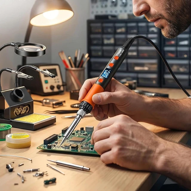 Alt view image 6 of 6 - 100W Soldering Iron Kit, Heavy-Duty Non-Slip Stand, 180-500°C, Auto Sleep | Helping Hands Magnifier, Fast Heating, Adjustable Temperature, LED Display, Lead-Free Solder Wire