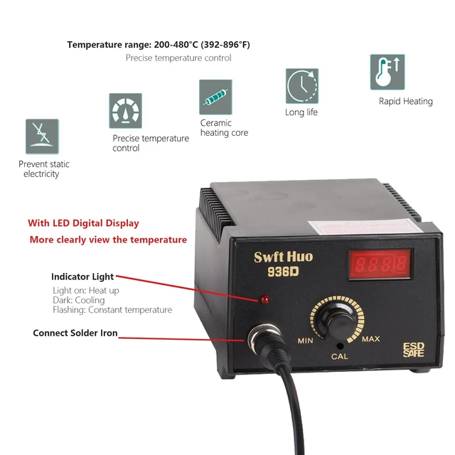 Alt view image 2 of 6 - Soldering Station Kit, 936D 60W Solder Iron Station Rapid Heat Up | With LED Digital Display Soldering Tip,Solder Wire, Tweezers, And Desoldering Pump For repair