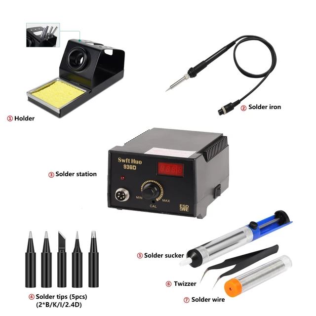 Alt view image 6 of 6 - Soldering Station Kit, 936D 60W Solder Iron Station Rapid Heat Up | With LED Digital Display Soldering Tip,Solder Wire, Tweezers, And Desoldering Pump For repair