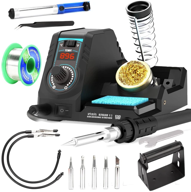 Main image of 926LED V3 Entry-Level 60W Soldering Station Iron Kit in Black with Temperature Control includes Helping Hands, Lead-Free Solder, 6 Soldering Tips, ESD-Safe Tweezers, Sleep Mode