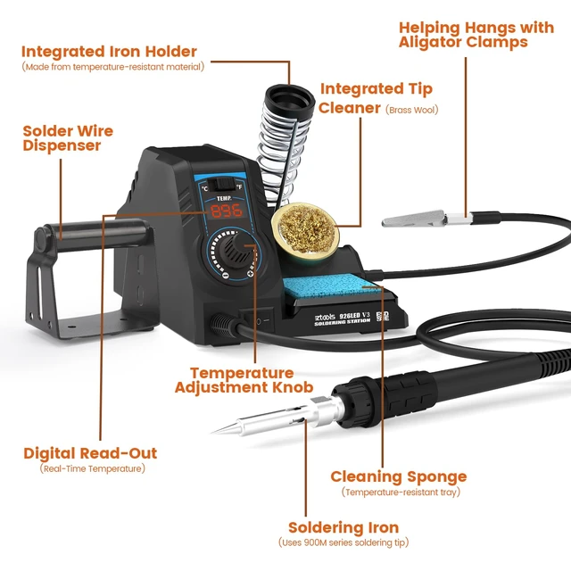 Alt view image 4 of 7 - 926LED V3 Entry-Level 60W Soldering Station Iron Kit in Black with Temperature Control includes Helping Hands, Lead-Free Solder, 6 Soldering Tips, ESD-Safe Tweezers, Sleep Mode