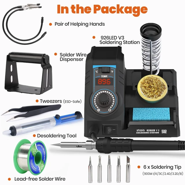 Alt view image 5 of 7 - 926LED V3 Entry-Level 60W Soldering Station Iron Kit in Black with Temperature Control includes Helping Hands, Lead-Free Solder, 6 Soldering Tips, ESD-Safe Tweezers, Sleep Mode
