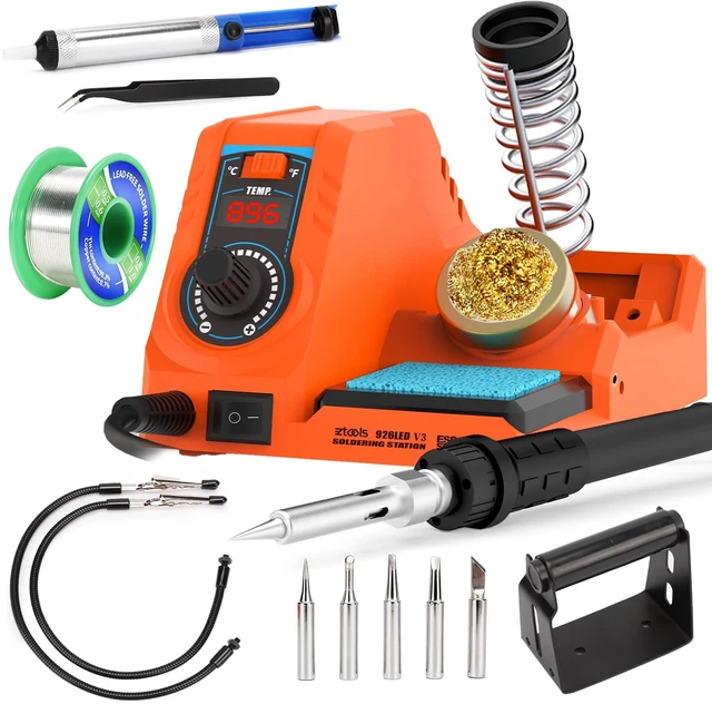 Main image of 926LED V3 Entry-Level 60W Soldering Station Iron Kit in Orange with Temperature Control includes Helping Hands, Lead-Free Solder, 6 Soldering Tips, ESD-Safe Tweezers, Sleep Mode