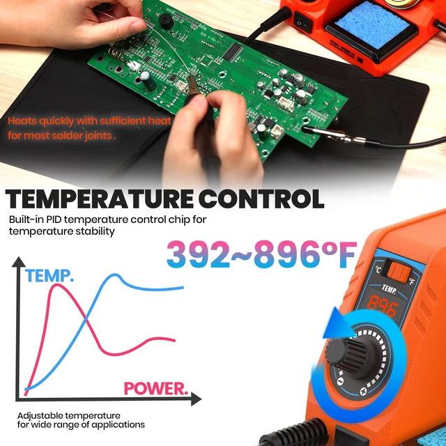 Alt view image 2 of 7 - 926LED V3 Entry-Level 60W Soldering Station Iron Kit in Orange with Temperature Control includes Helping Hands, Lead-Free Solder, 6 Soldering Tips, ESD-Safe Tweezers, Sleep Mode