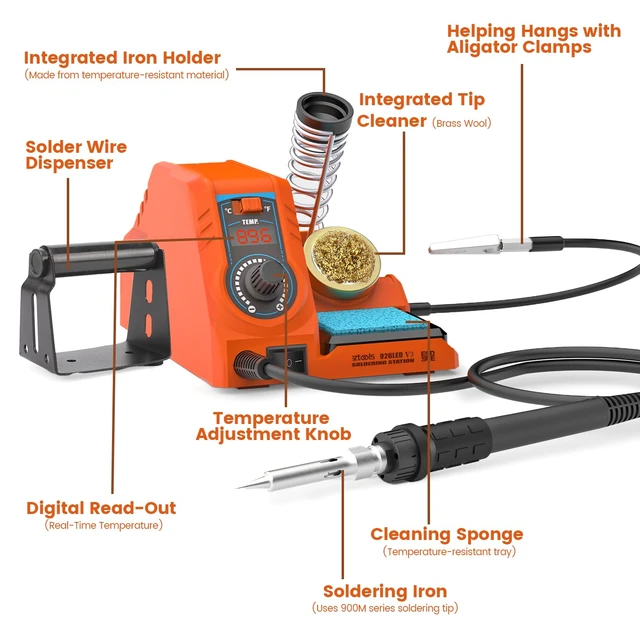 Alt view image 4 of 7 - 926LED V3 Entry-Level 60W Soldering Station Iron Kit in Orange with Temperature Control includes Helping Hands, Lead-Free Solder, 6 Soldering Tips, ESD-Safe Tweezers, Sleep Mode