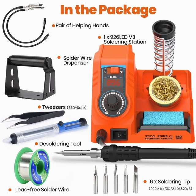 Alt view image 6 of 7 - 926LED V3 Entry-Level 60W Soldering Station Iron Kit in Orange with Temperature Control includes Helping Hands, Lead-Free Solder, 6 Soldering Tips, ESD-Safe Tweezers, Sleep Mode