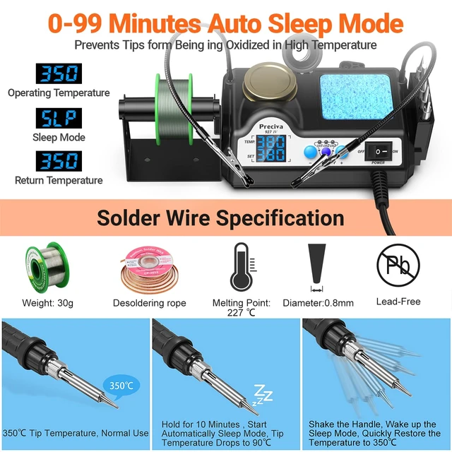 Alt view image 6 of 7 - 927 IV Soldering Station Kit, 130W MAX Soldering Iron with 2 Helping Hands,Magnifying Glass,5 Extra Iron Tips,3 Preset Channels, Adjustable Temperature 194°F to 896°F