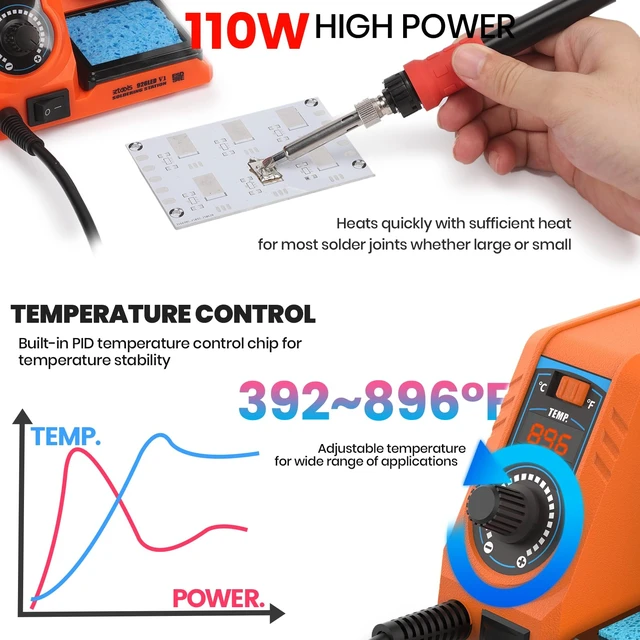 Alt view image 2 of 7 - V1 110W High-Power Compact Soldering Iron Station Kit w Temp Control | 110w fast-heating, space-saving integrated soldering station w iron holder, solder wire dispenser, sponge & brass tip cleaner