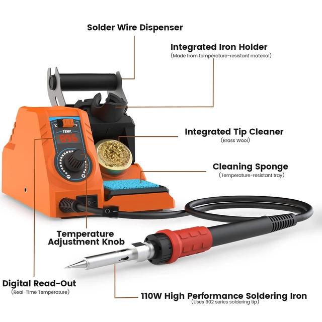 Alt view image 3 of 7 - V1 110W High-Power Compact Soldering Iron Station Kit w Temp Control | 110w fast-heating, space-saving integrated soldering station w iron holder, solder wire dispenser, sponge & brass tip cleaner