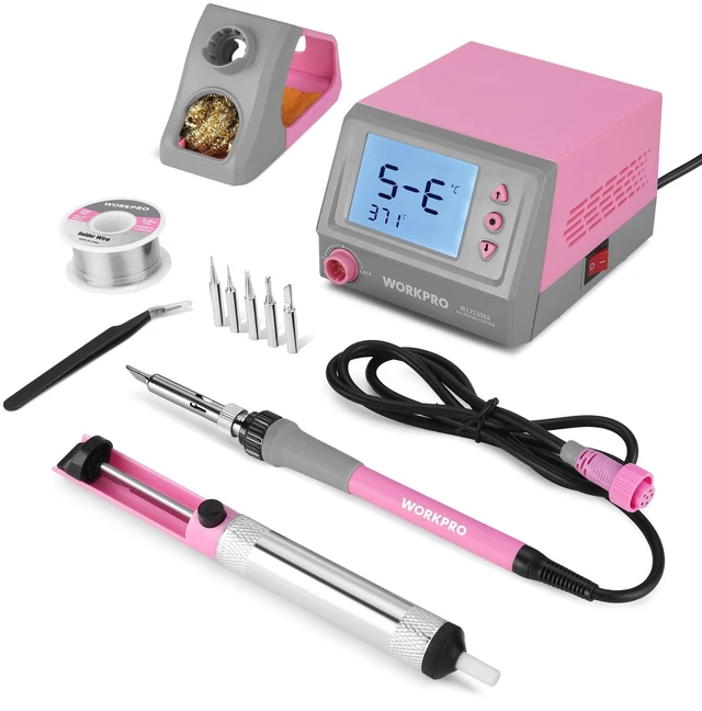 Main image of Soldering Station, 60W Soldering Iron Kit Digital Display, 5 Extra Iron Tips, Precision Temperature Control Solder Station for Electronic Repair, DIY Enthusiasts - Pink Ribbon
