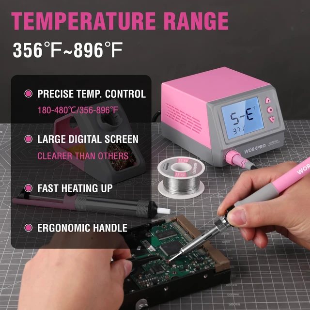 Alt view image 2 of 7 - Soldering Station, 60W Soldering Iron Kit Digital Display, 5 Extra Iron Tips, Precision Temperature Control Solder Station for Electronic Repair, DIY Enthusiasts - Pink Ribbon