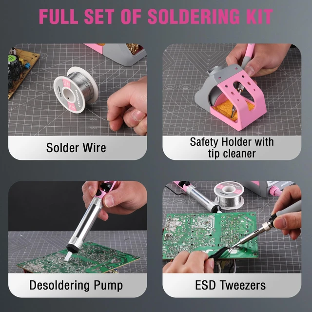 Alt view image 6 of 7 - Soldering Station, 60W Soldering Iron Kit Digital Display, 5 Extra Iron Tips, Precision Temperature Control Solder Station for Electronic Repair, DIY Enthusiasts - Pink Ribbon