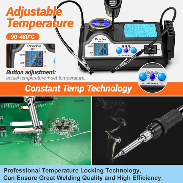 Alt view image 5 of 7 - 927 IV Soldering Station Kit, 130W MAX Soldering Iron with 2 Helping Hands,Magnifying Glass,5 Extra Iron Tips,3 Preset Channels, Adjustable Temperature 194°F to 896°F
