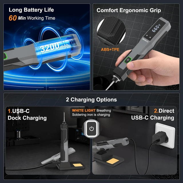 Alt view image 6 of 7 - Soldering Iron Kit Cordless Portable 3200mAh Battery USB Rechargeable | 5s Fast Heat 392-932, Auto Sleep, 14-in-1 Wireless Soldering Iron Welding Gun Tool for Precision Electronics PCB DIY